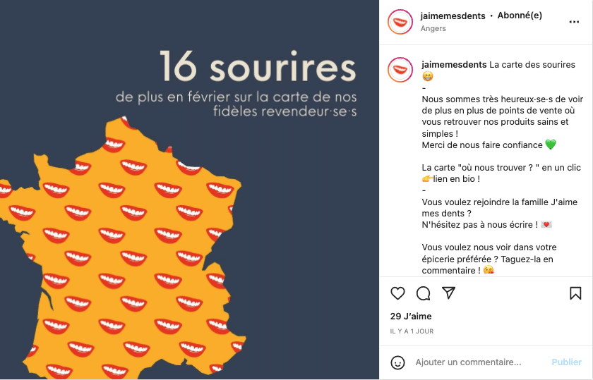 Exemple de publication d'une marque engagée sur les réseaux sociaux ("J'aime mes dents") - format "partenaires"