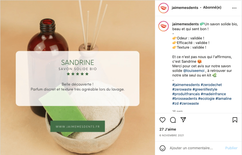 Exemple de publication d'une marque engagée sur les réseaux sociaux ("J'aime mes dents") - format "valo client"