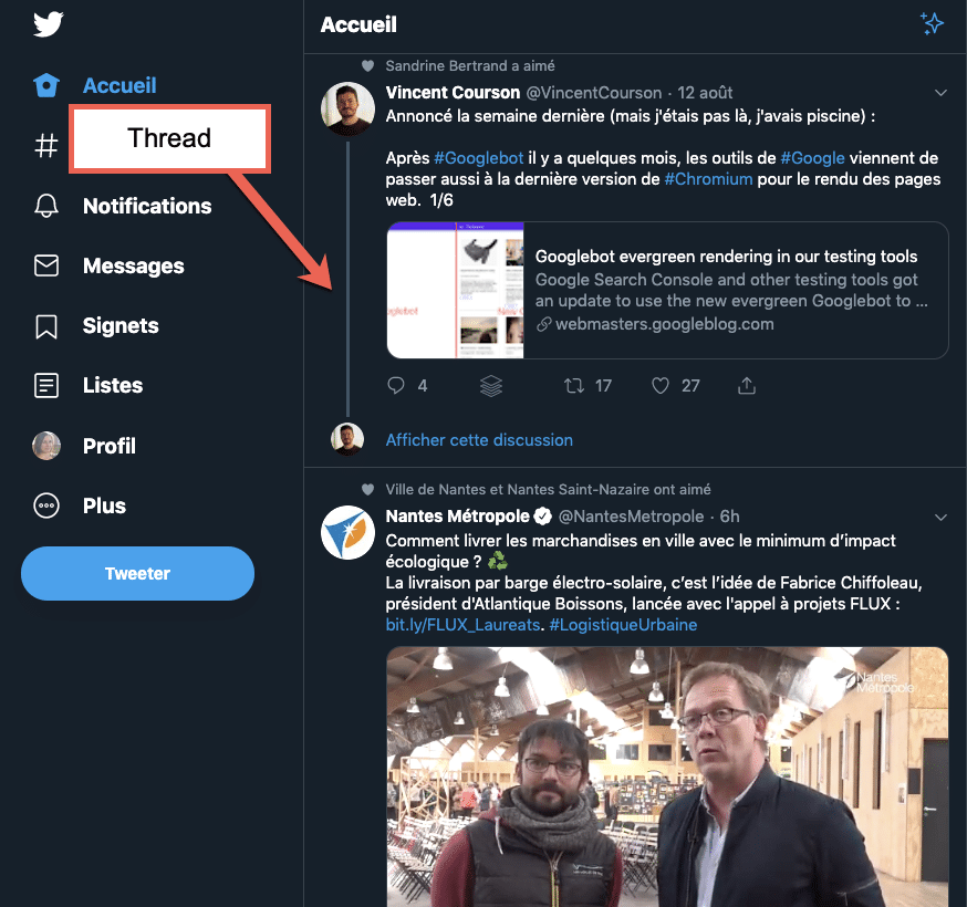 Exemple d'un thread (fil de discussion) sur Twitter