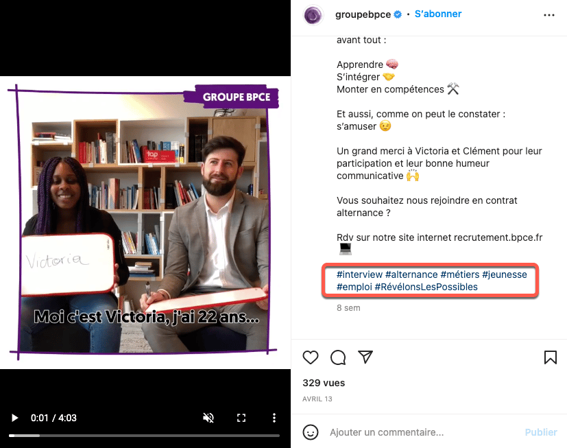 Exemple d'utilisation pertinente des hashtags dans le cadre d'une stratégie Instagram Marque Employeur