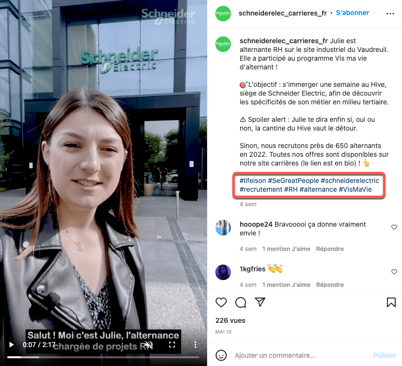 Exemple d'utilisation pertinente des hashtags dans le cadre d'une stratégie Instagram Marque Employeur
