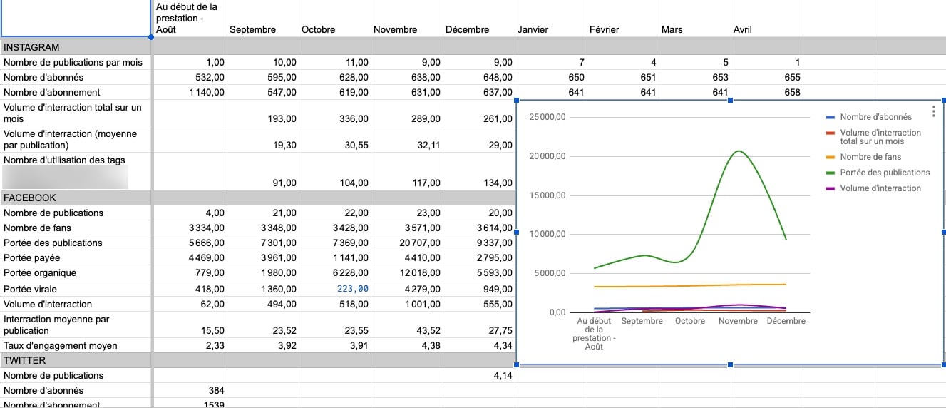 Exemple de reporting Social Media sur tableur