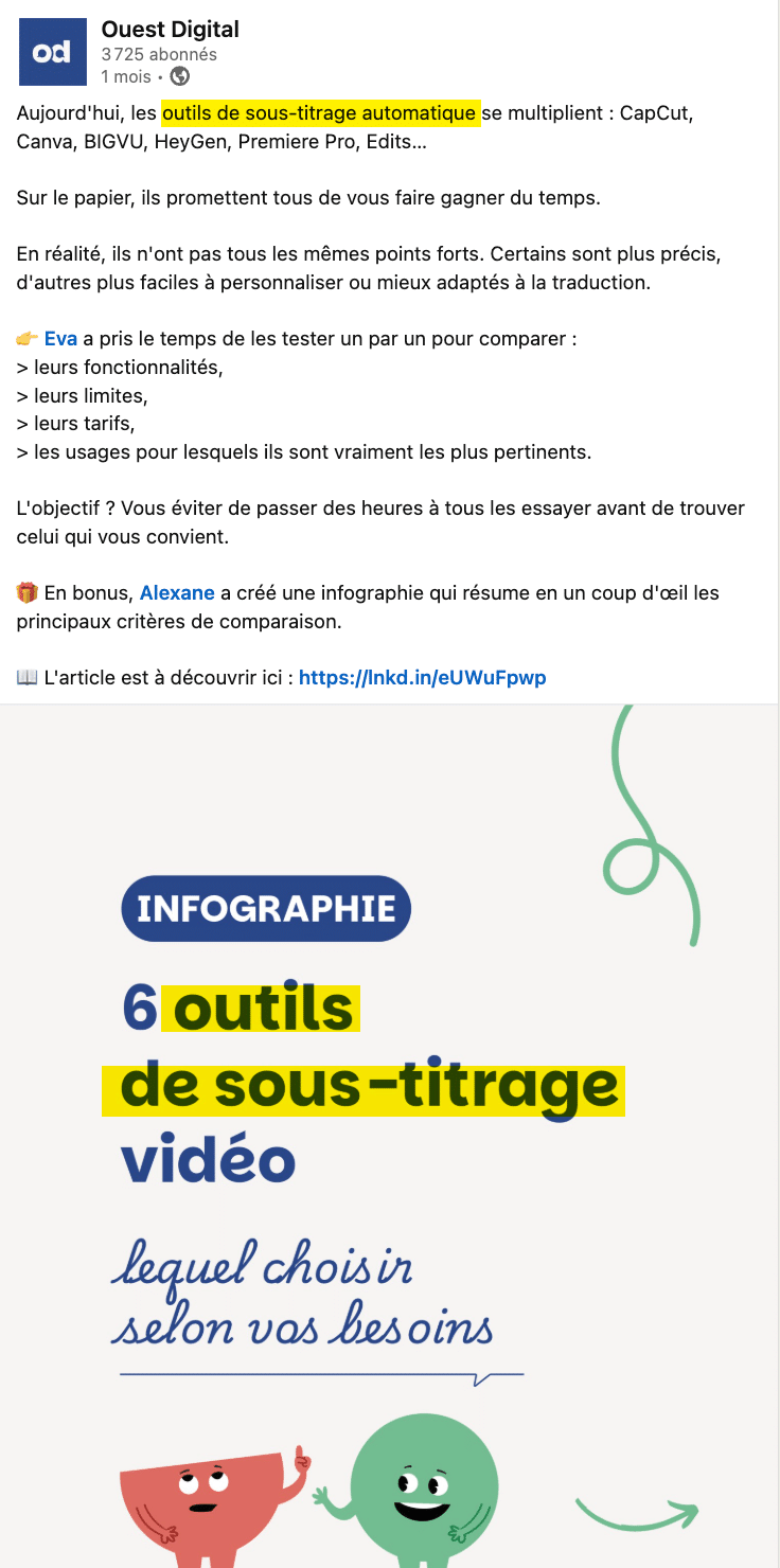 Exemple de publication optimisé. Le terme principal apparait dans le hook, sur la 1ère slide et dans le titre du carrousel. 